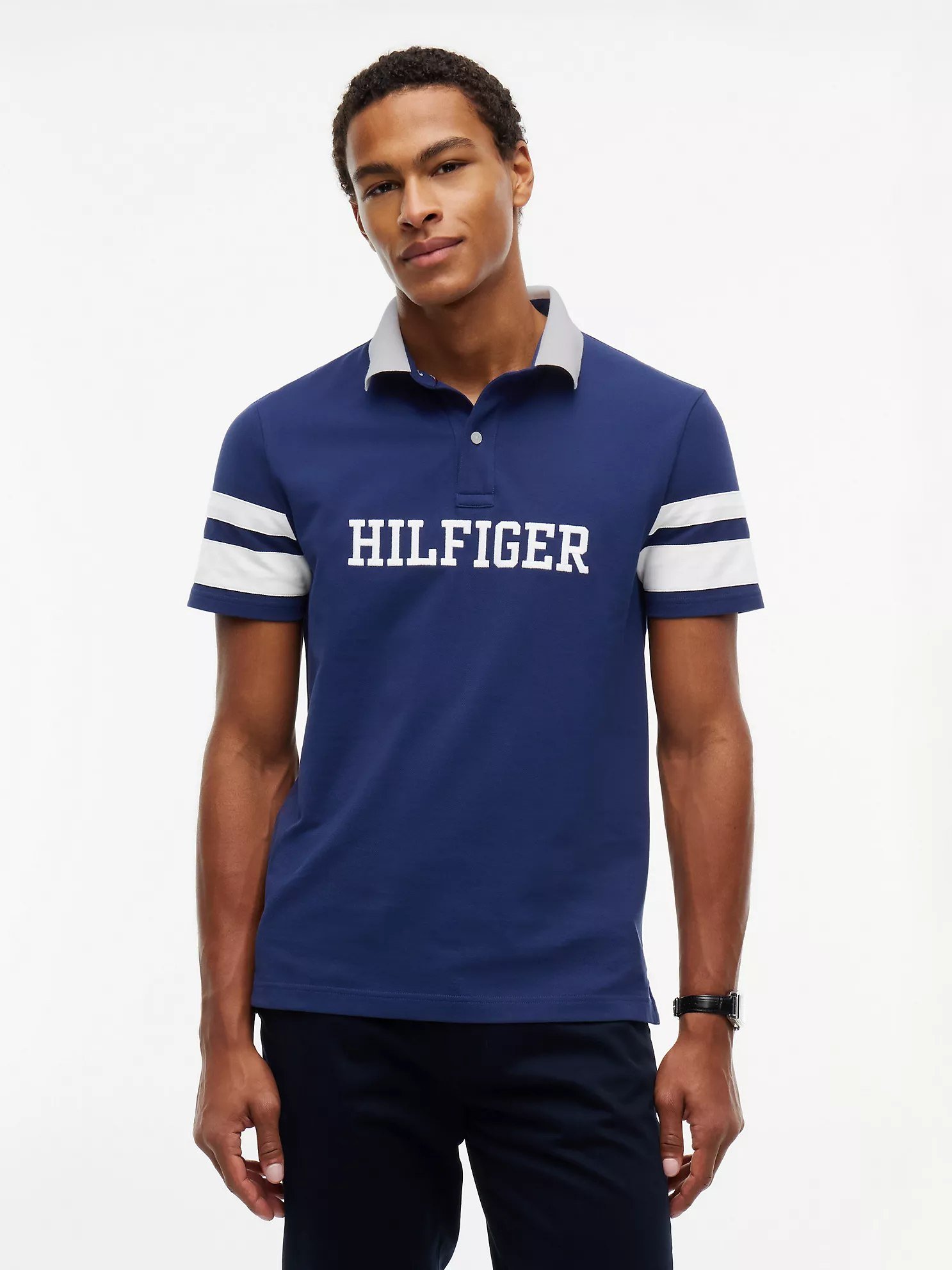 Regular Fit Varsity Stripe Logo Polo-Carbon Navy