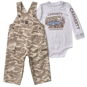 Boys’ 2-Piece Long Sleeve Bodysuit & Printed Canvas Overall Set (Baby)-Beige