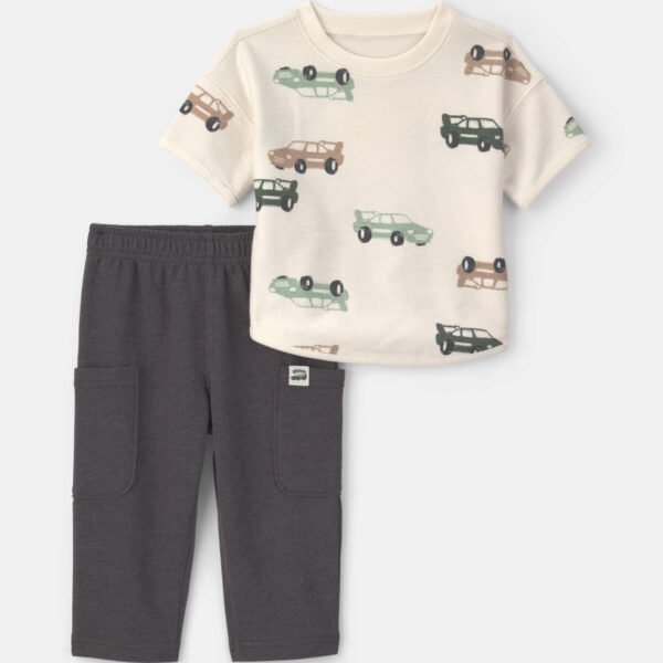Baby Boy 2-Piece Car French Terry Short-Sleeve Top & Pant Set-Cream/Grey