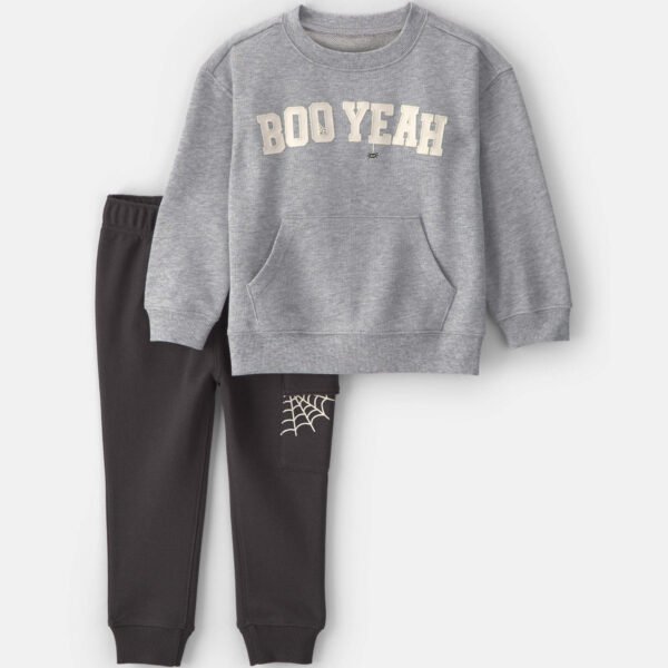 Baby Boy 2-Piece ‘Boo Yeah’ Halloween French Terry Sweatshirt & Pant Set-Grey/Black