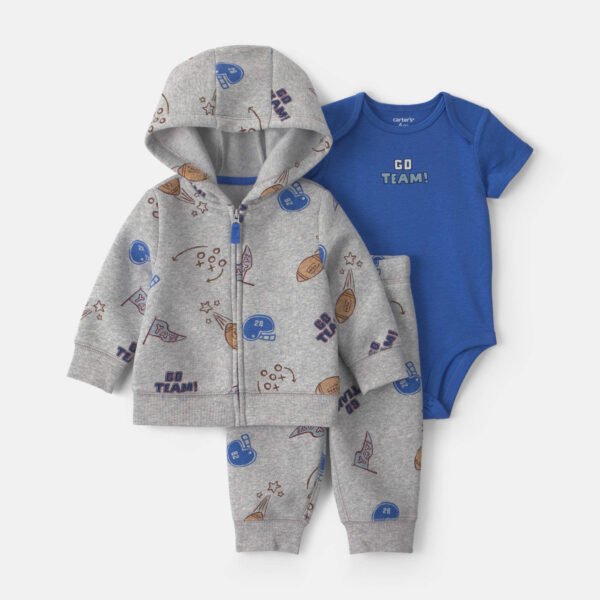 Baby Boy 3-Piece ‘Go Team!’ Football Fleece Layering Set-Grey/Blue