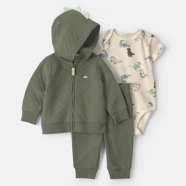 Baby Boy 3-Piece Dinosaur Quilted French Terry Layering Set-Olive Green