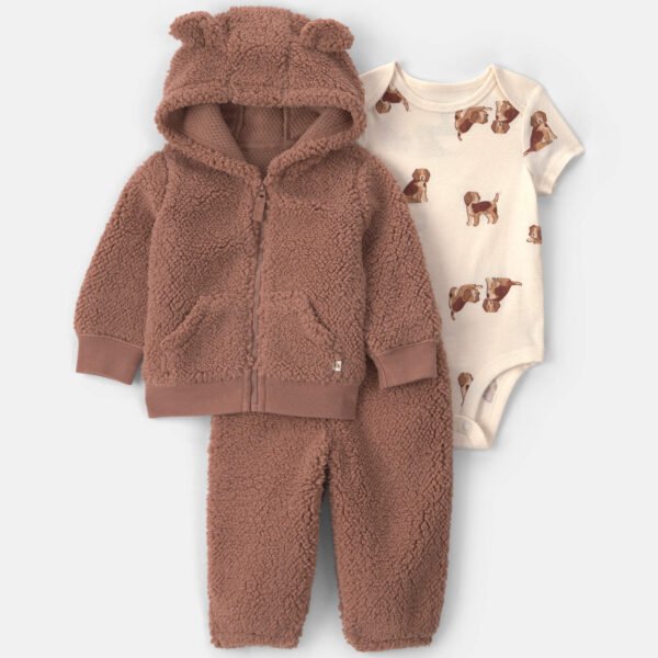 Baby Boy 3-Piece Dog Teddy Fleece Layering Set-Brown