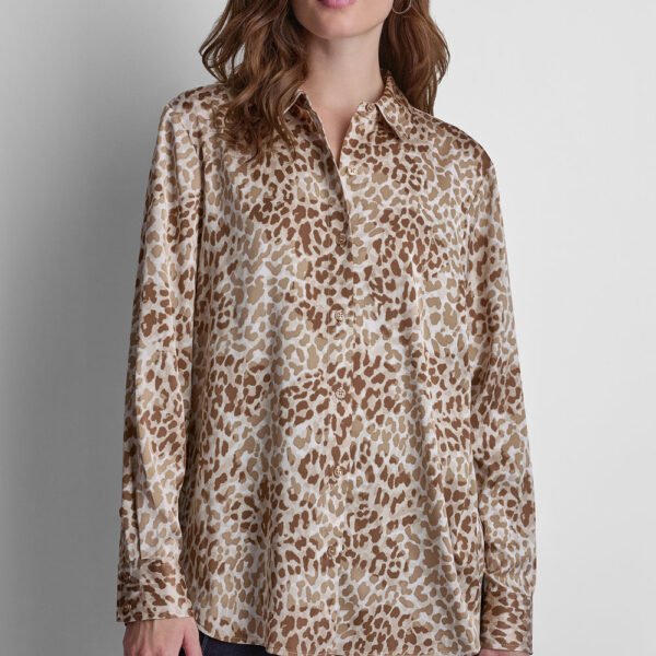Button Front Printed Blouse-Disguise Woodsmoke