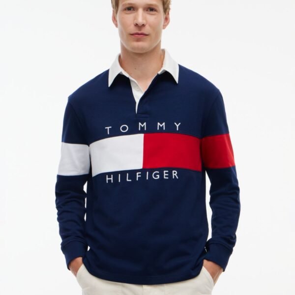 Regular Fit Flag Colorblock Rugby Polo-Carbon Navy