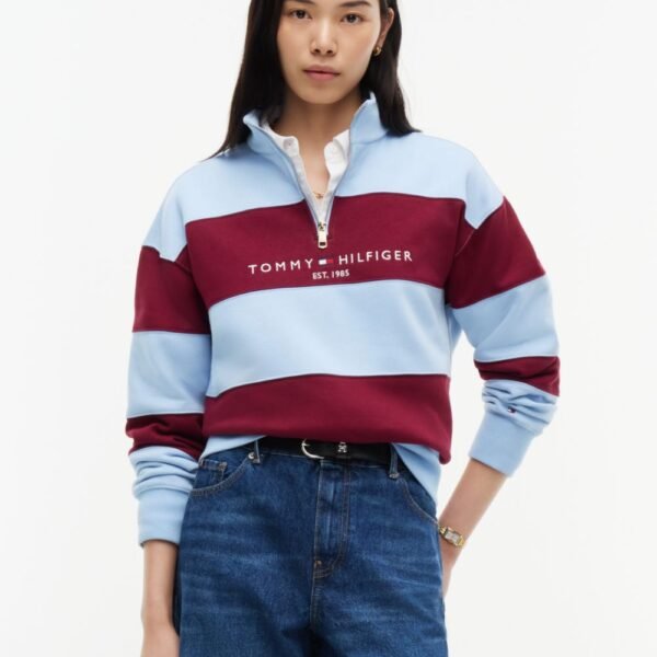 Tommy Logo Quarter-Zip Sweatshirt-Blue/Red Stripe