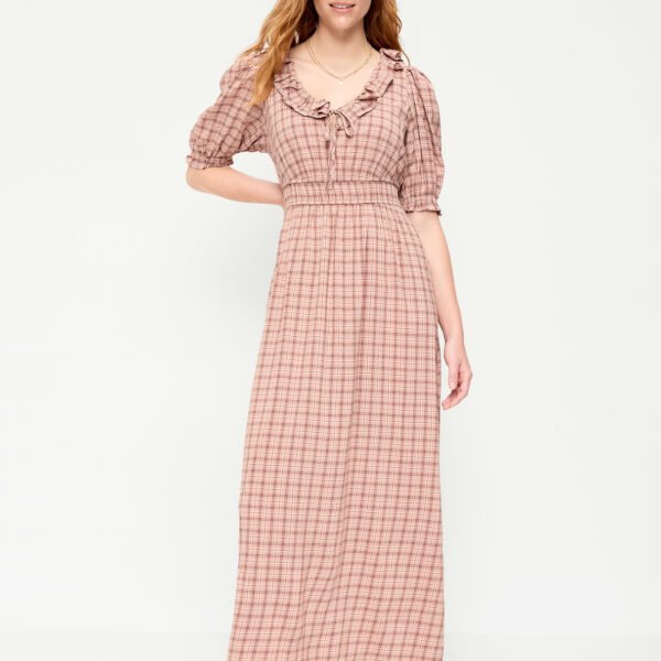 Ruffle-Trim Boho Maxi Dress-Pink Plaid