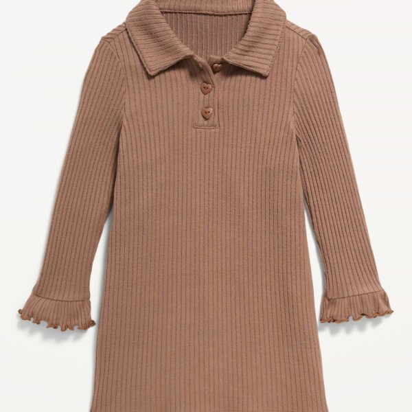 Long-Sleeve Ribbed Polo Dress for Toddler Girls-Cocoa Dust