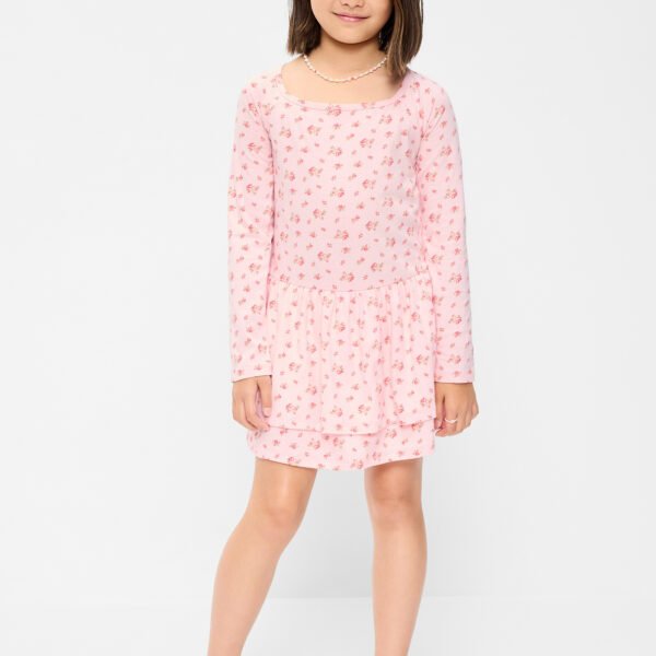 Fitted Long-Sleeve Ruffled Dress for Girls-Pink Floral