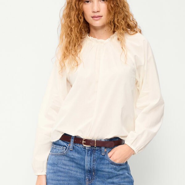Long-Sleeve Ruffle-Neck A-Line Top-Sea Salt