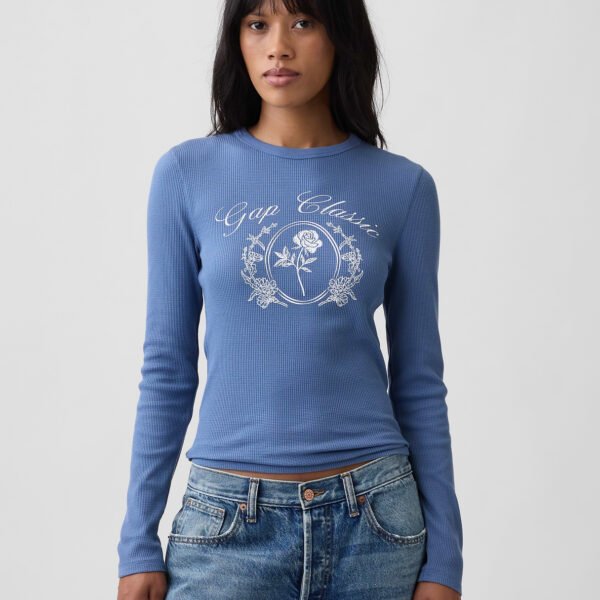 Waffle-Knit Crewneck Graphic T-Shirt-Bainbridge Blue